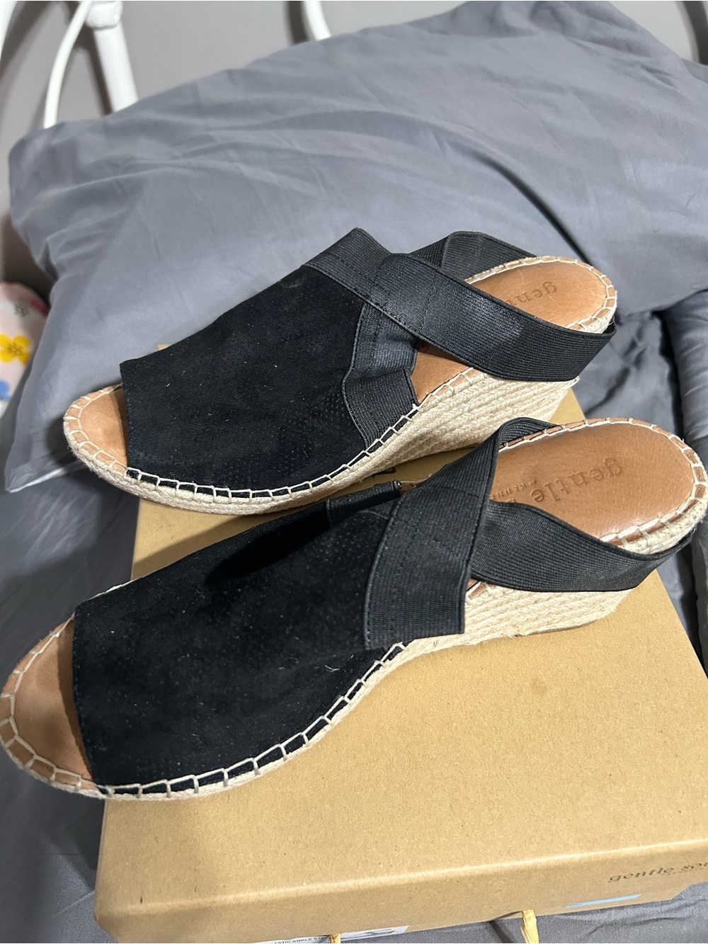 gentle souls Black Suede Espadrille Wedge Slides